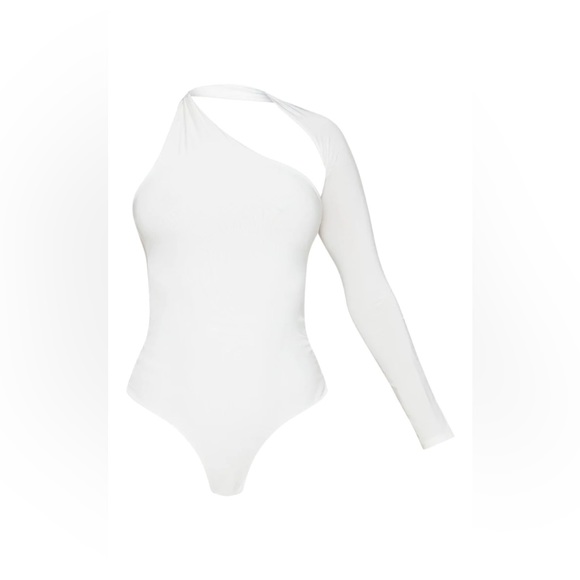 White One Shoulder Asymmetric Bodysuit - Picture 2 of 3